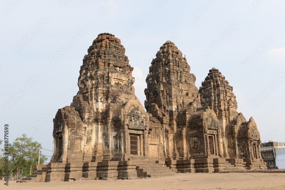Phra Prang Sam Yod, Lop Buri province - Thailand. Prang Sam Yod was originally a Hindu temple, with the three stone towers (prangs) representing the Hindu trinity of Brahma, Visnu and Siva.