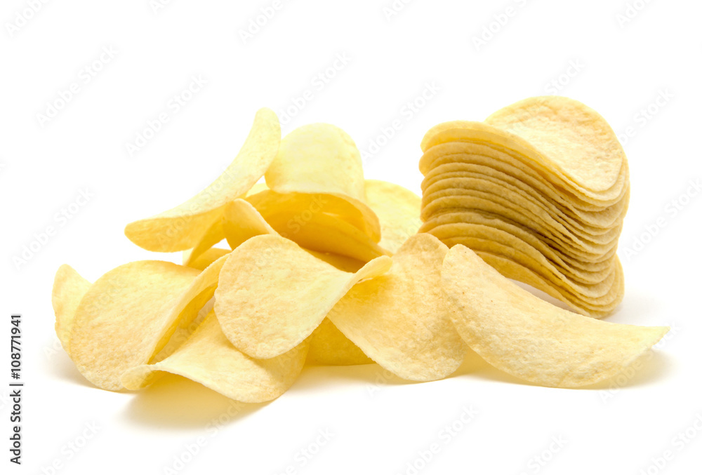 Potato chips isolated white background.
