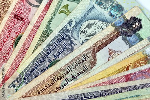 Close up different Dirhams currency note and coins, United Arab Emirates