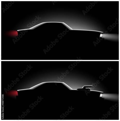 set two realistic classic car coupe with a supercharger side view in the dark