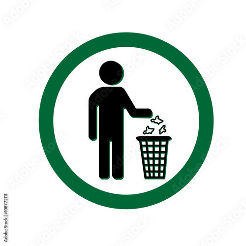 Keep clean icon. Do not litter sign. Silhouette of a man in the green circle, throwing garbage in a bin, isolated on white background. No littering symbol. Public Information Icon. Vector illustration