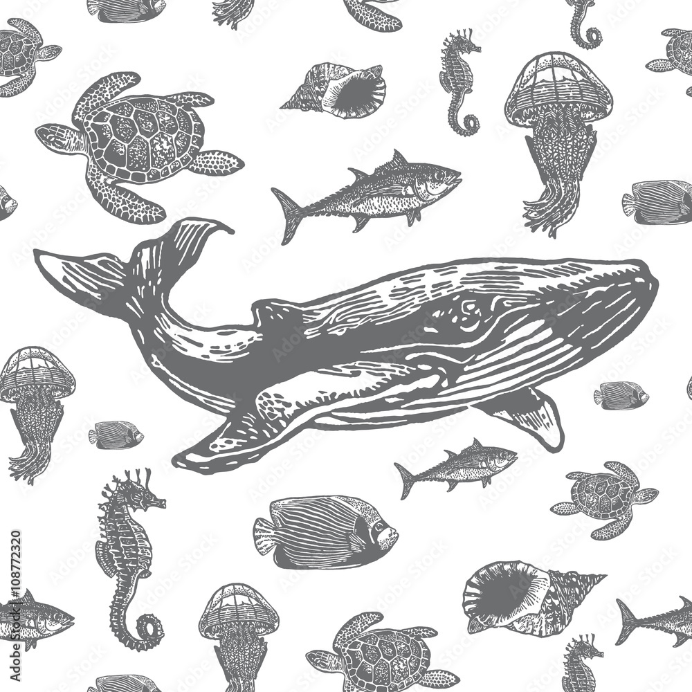 Fototapeta premium Sea animals black and white seamless vector pattern.