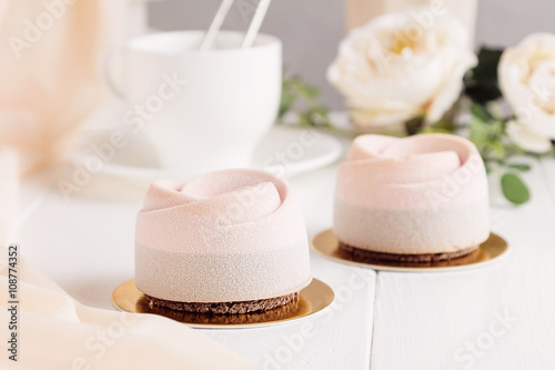 Pink mousse cake with velour coating