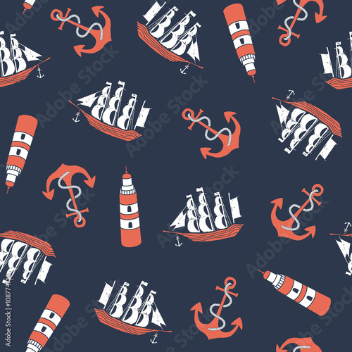 Hand drawn nautical seamless pattern. Vector illustration with ship, beacon and anchor