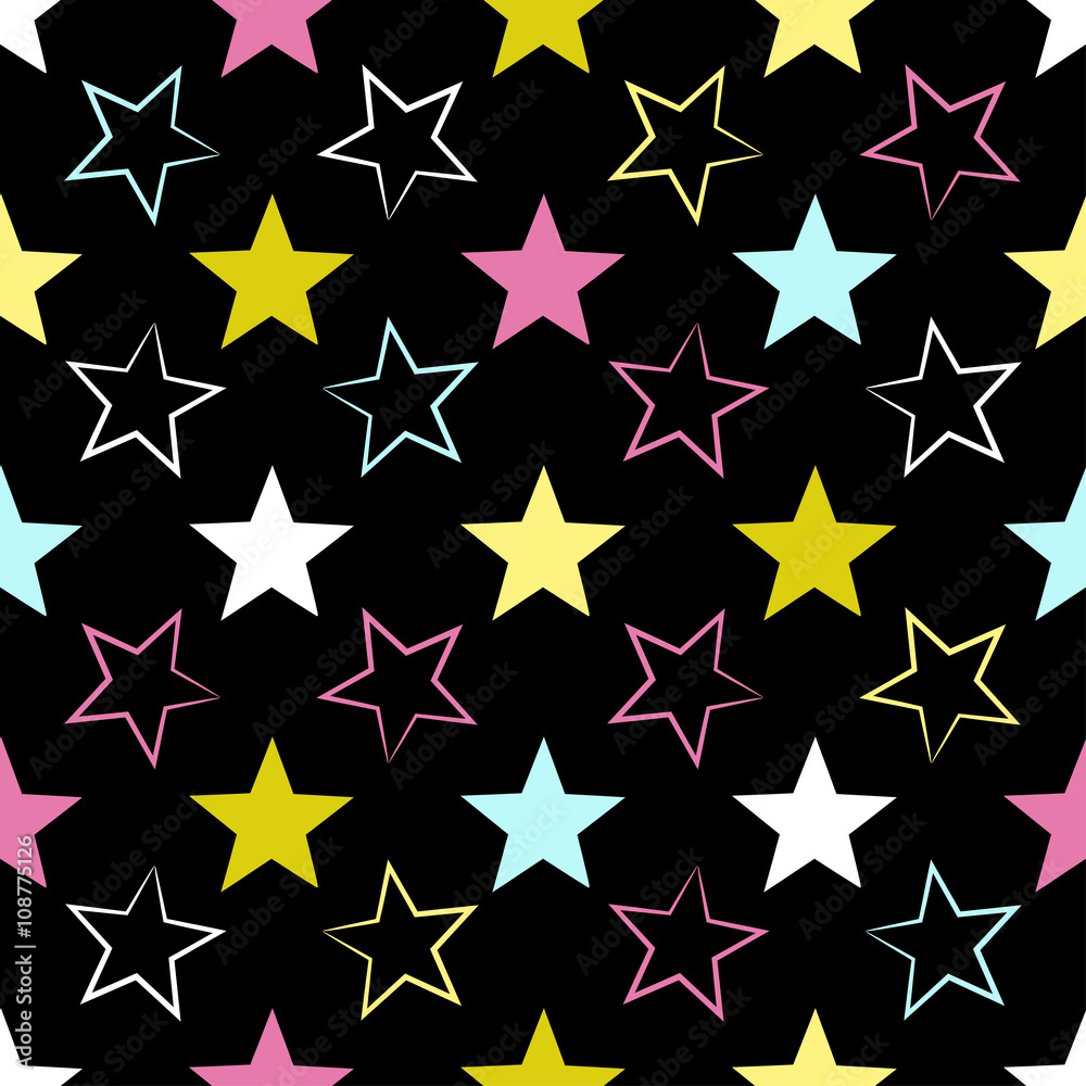 Cute vector geometric seamless pattern. Brush strokes and stars. Hand drawn grunge texture. Abstract forms. Endless texture can be used for printing onto fabric or paper