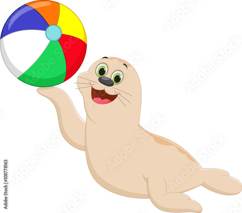 funny cartoon seal playing a colorful ball