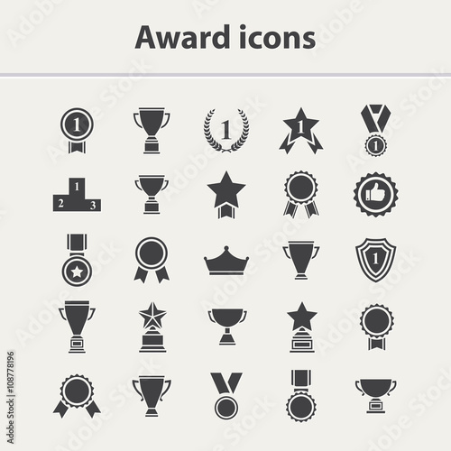 Award icon set.Vector black award icon collection isolated on a white background.Vector medal,cup,trophy icon set