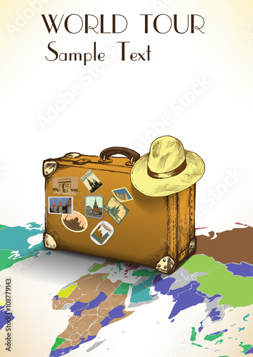 vintage suitcase with labels on the background of the world map.vector illustration