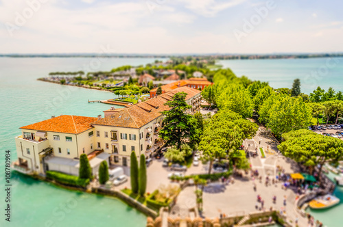 Aerial view of Sirmione, Lake Garda, Italy. Tilt-shift effect applied