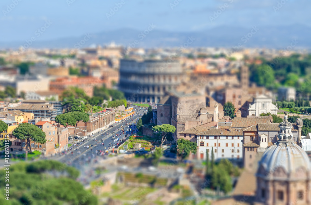 The Colosseum and the Roman Forum, Rome. Tilt-shift effect applied