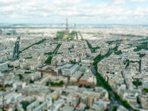 Panoramic View of Paris from Tour Montparnasse. Tilt-shift effect applied photo