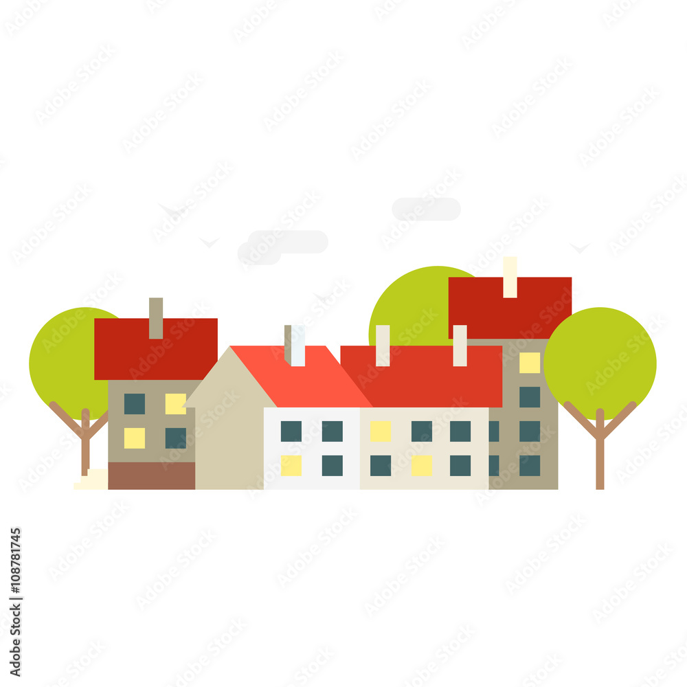 Small town. Vector flat illustration. Buildings background