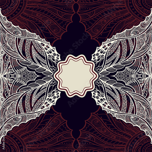 Template flyer or label  with Zen-doodle pattern in pearly  on dark burgundy