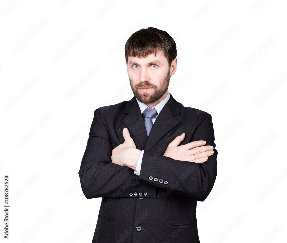 body language. man in business suit, gesture of arms and hands. standard gesture crossed arms. isolated white background. concept of true or false body language. man in business suit, gesture of arms and hands. standard gesture crossed arms. isolated white background. concept of true or false