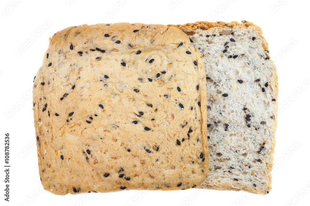 Fresh sliced wholegrain bread on a white background.