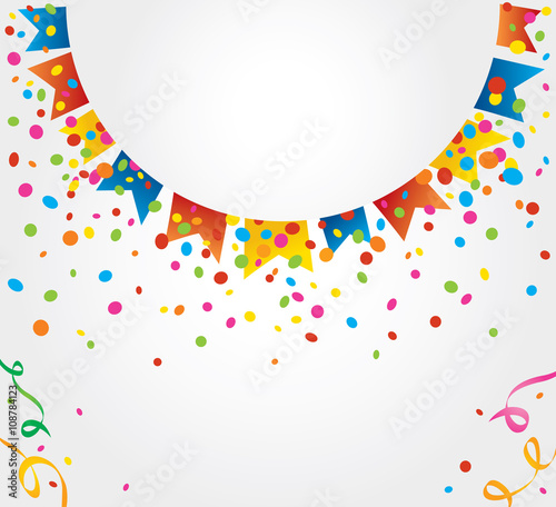 White background with many colorful flags and confetti around a circular area