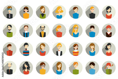 Big set of stylish people avatar head. Man, woman and child icons in flat design.