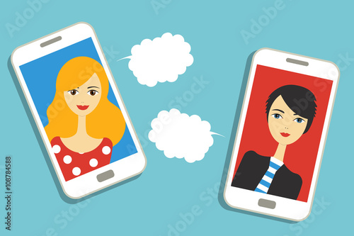 Mobile communication concept. Girl and boy speaking. Flat people design. Vector.