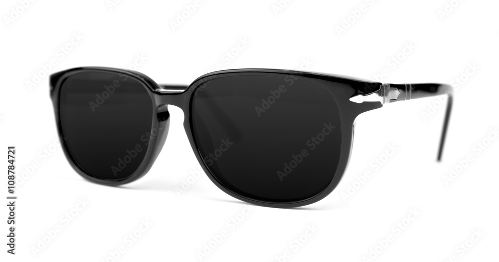 Cool sunglasses isolated on white background. In black plastic frame. Front view. Close up. Cool sunglasses isolated on white background. In black plastic frame. Front view. Close up.