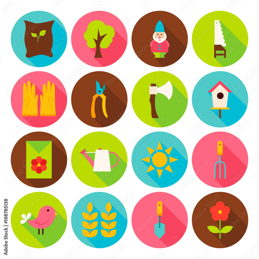Fototapeta premium Gardening Tools Circle Icons Set with long Shadow