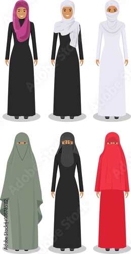 Set of different standing arab women in the traditional muslim arabic clothing isolated on white background in flat style. Arab traditional muslim, arabic clothing, east arabian dress. Vector