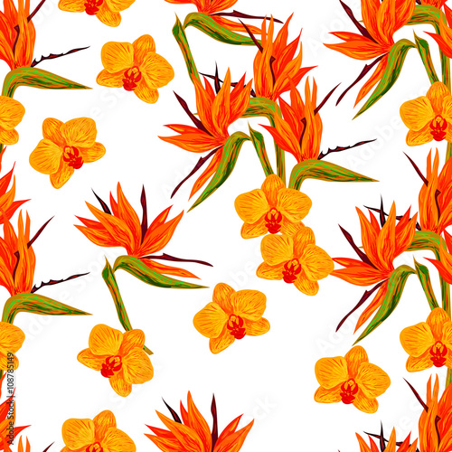 Seamless summer pattern with orchid and bird of paradise flowers vector background. Perfect for wallpapers, pattern fills, web page backgrounds, surface textures, textile