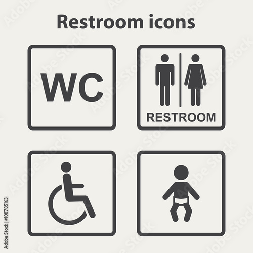 Vector restroom icons with men,women, lady, man, baby's dummy,nipple,
child and disability on square.Restroom icon set