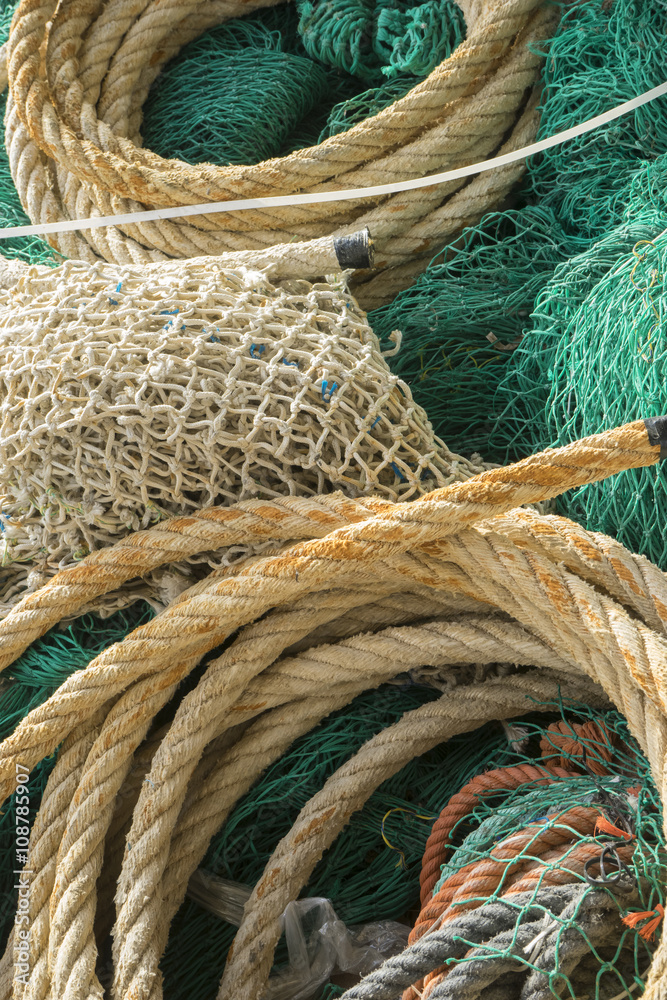 rigs and fishing nets with a port in Mallorca, Spain. Detail of