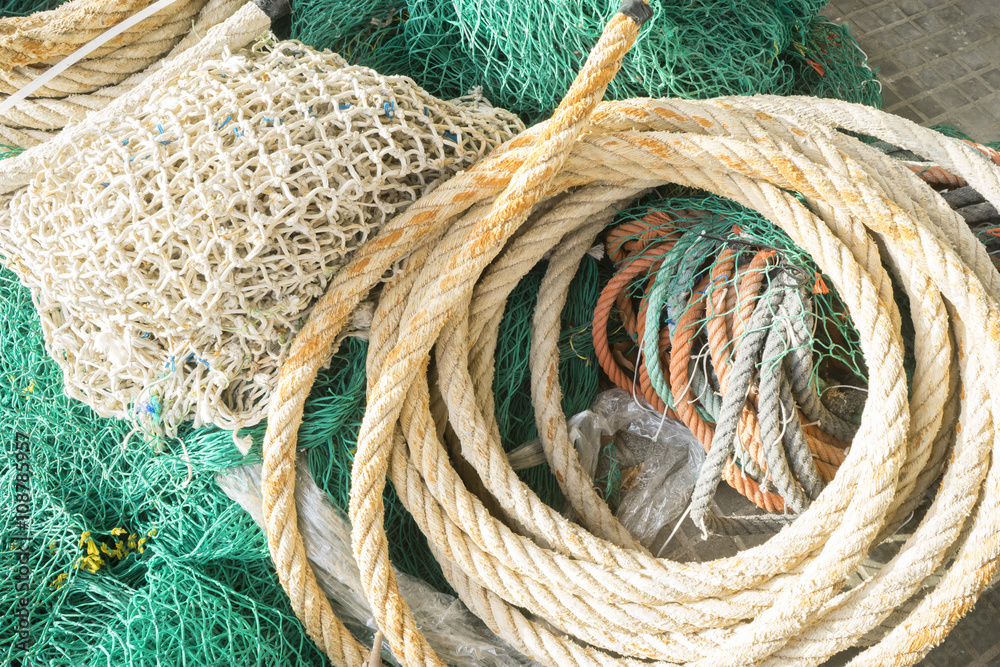 rigs and fishing nets with a port in Mallorca, Spain. Detail of