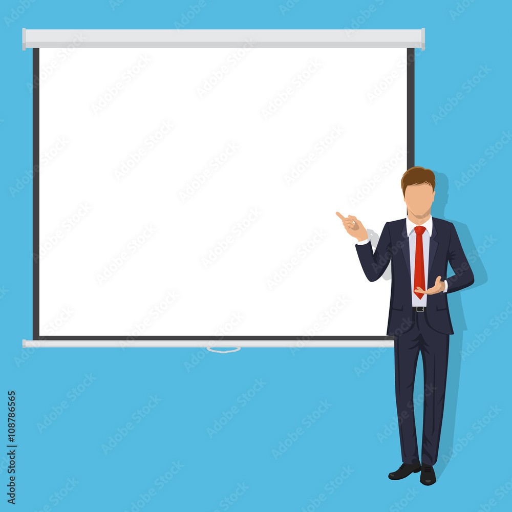 Modern business teacher giving lecture, training, seminar or presentation. Blank Projection screen. Modern flat style Modern business teacher giving lecture, training, seminar or presentation. Blank Projection screen. Modern flat style