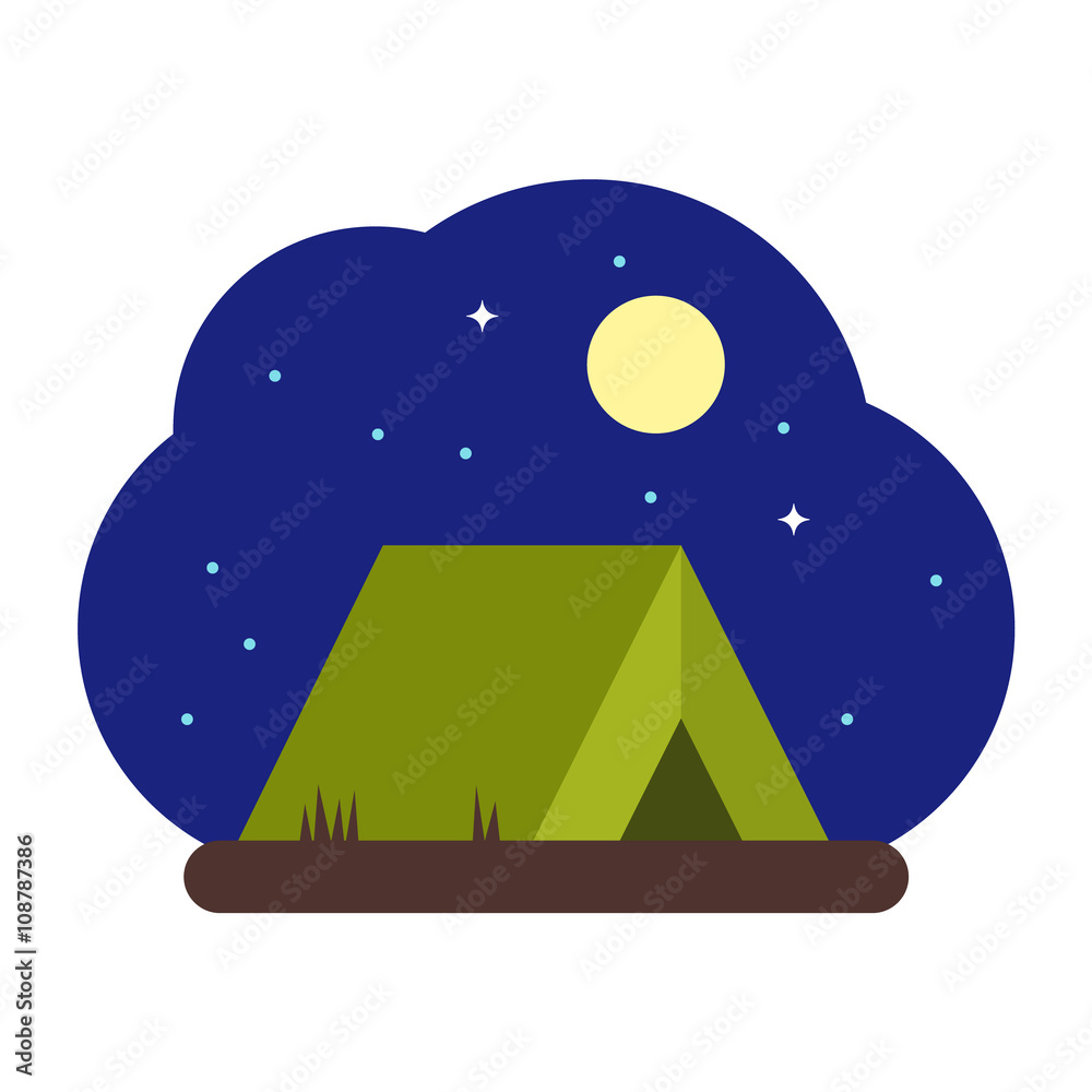 Obraz premium Tourist tent at Night. Vector illustration in flat design style