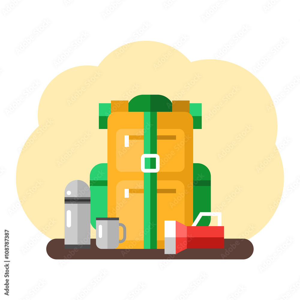 Obraz premium Travel kit with backpack and camping stuff. Vector Illustration in Flat Design Style