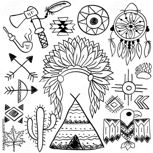 Hand drawn doodle vector native american symbols set
