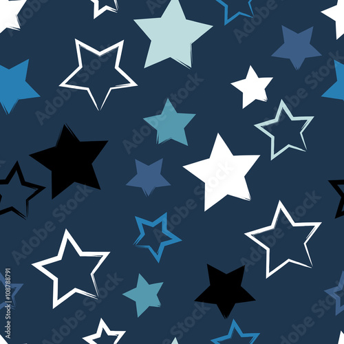 Fototapeta Naklejka Na Ścianę i Meble -  Cute vector geometric seamless pattern. Brush strokes and stars. Hand drawn grunge texture. Abstract forms. Endless texture can be used for printing onto fabric or paper