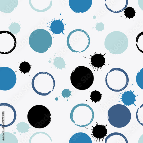 Cute vector geometric seamless pattern. Brush strokes. Polka dots and blots. Hand drawn grunge texture. Abstract forms. Endless texture can be used for printing onto fabric or paper