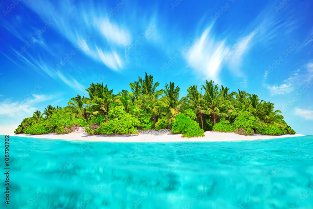 Whole tropical island within atoll in tropical Ocean. Uninhabite Whole tropical island within atoll in tropical Ocean. Uninhabite