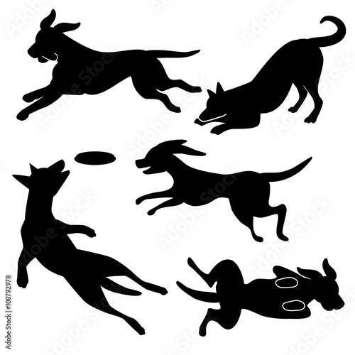 Playing dog silhouettes collection. EPS 10 vector.
