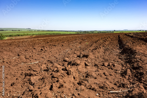 Soil soon after the peanut harvest on a sunny day in Sao Paulo, Brazil