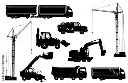 Construction equipment: trucks, excavator, bulldozer, elevator, cranes. Detailed silhouettes of construction machines isolated on white. Vector illustration