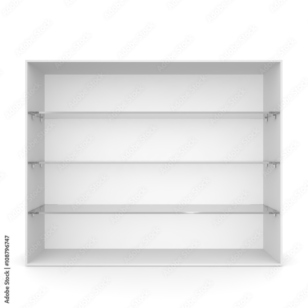 White empty showcase with glass shelves White empty showcase with glass shelves