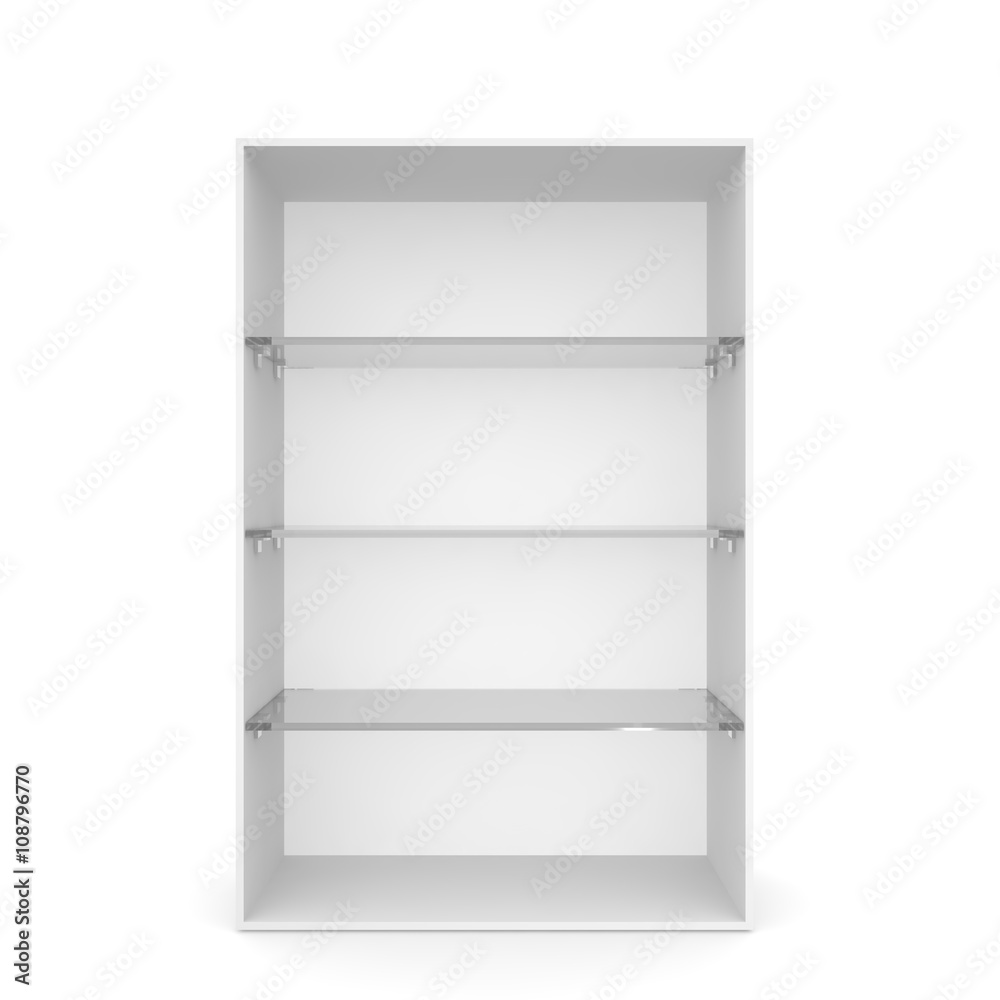 White empty showcase with glass shelves White empty showcase with glass shelves