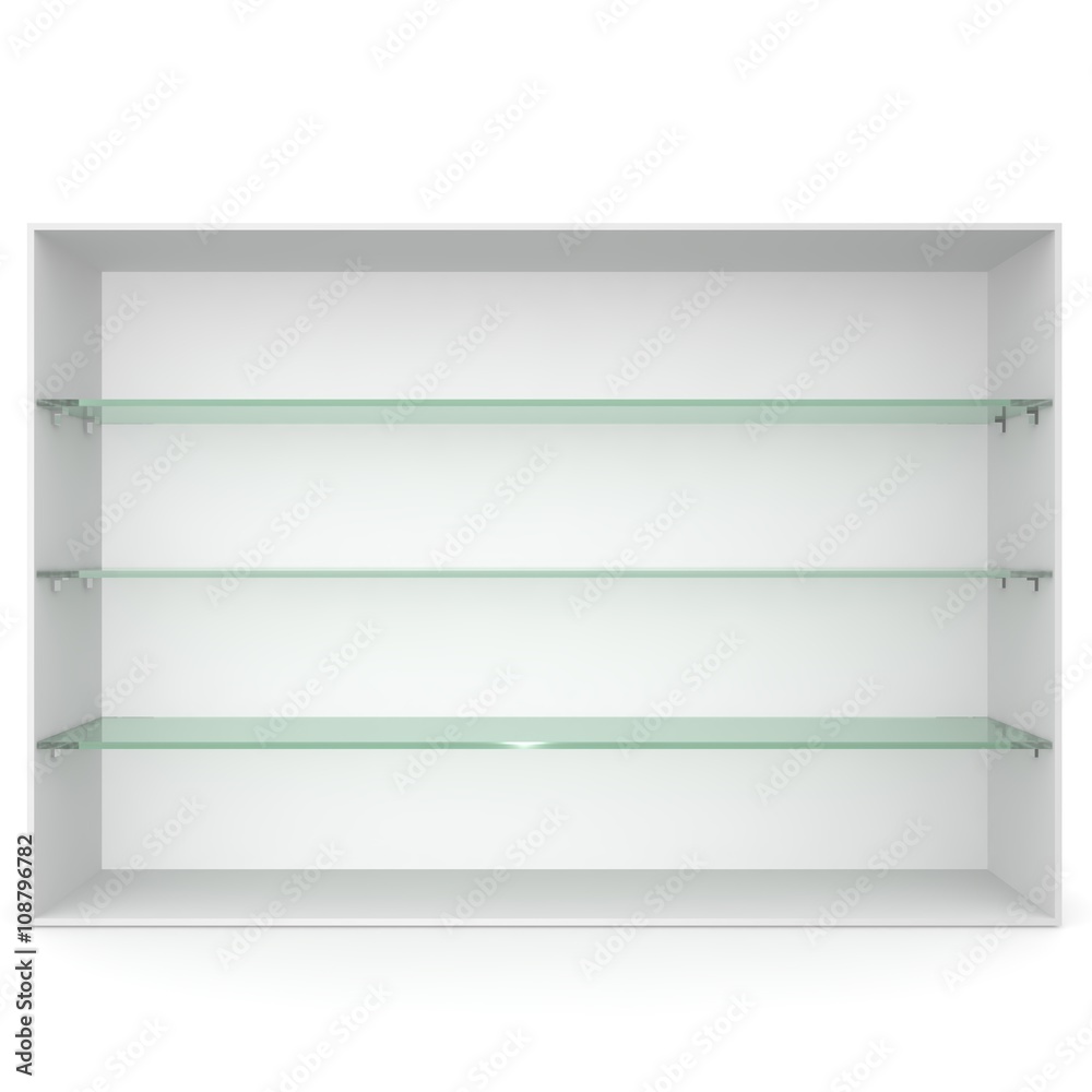 White empty showcase with glass shelves green White empty showcase with glass shelves green