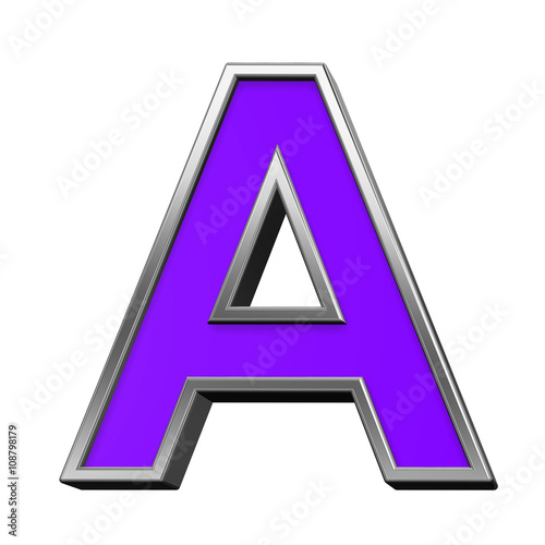 One letter from violet with silver frame alphabet set, isolated on white. 3D illustration.