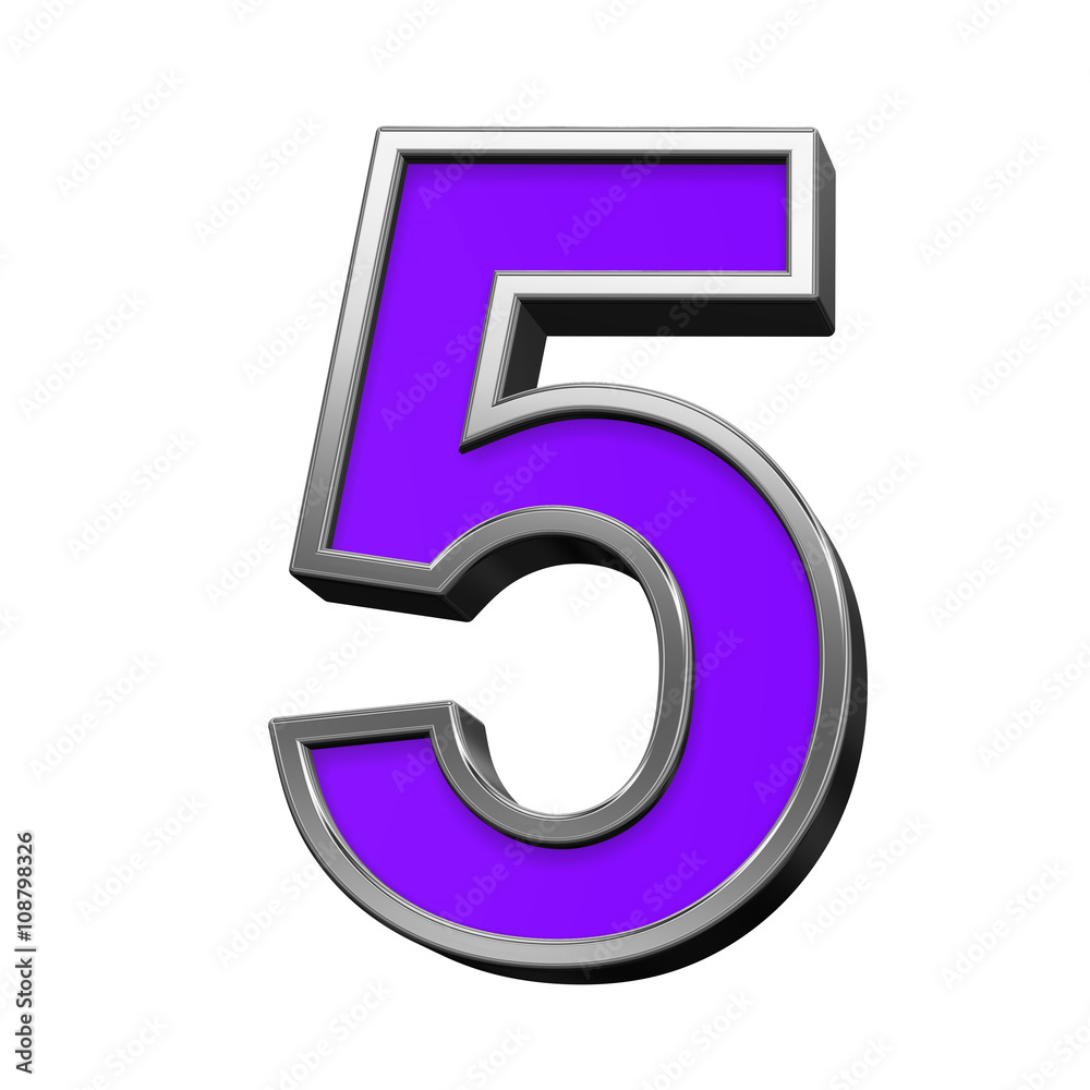 One digit from violet with silver frame alphabet set, isolated on white. 3D illustration.