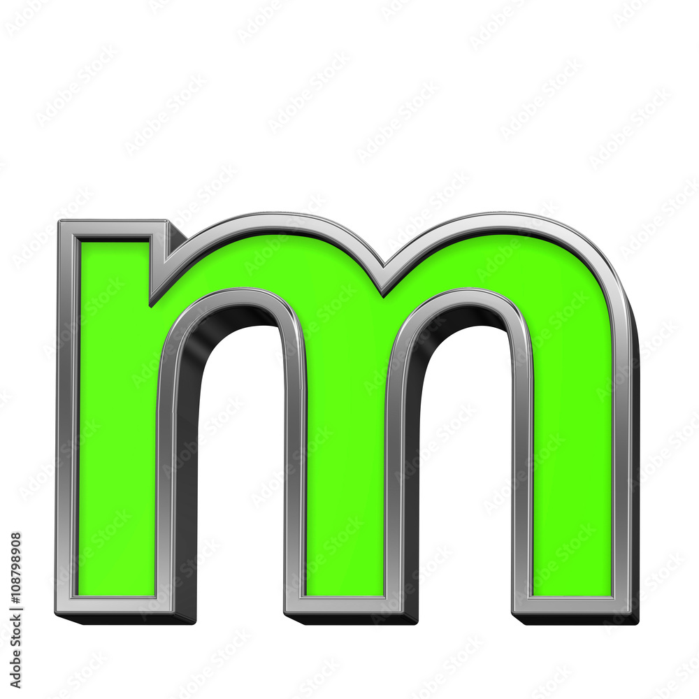 One lower case letter from green with silver frame alphabet set, isolated on white. 3D illustration. One lower case letter from green with silver frame alphabet set, isolated on white. 3D illustration.