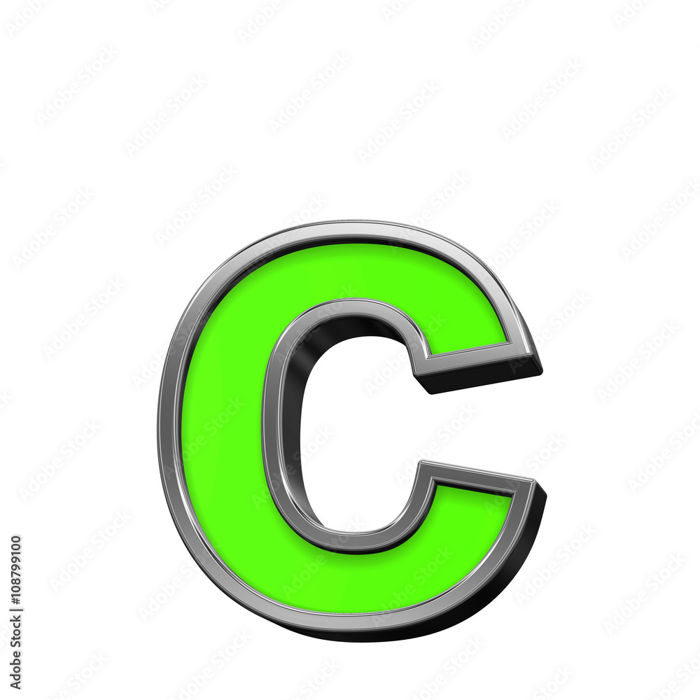 One lower case letter from green with silver frame alphabet set, isolated on white. 3D illustration. One lower case letter from green with silver frame alphabet set, isolated on white. 3D illustration.
