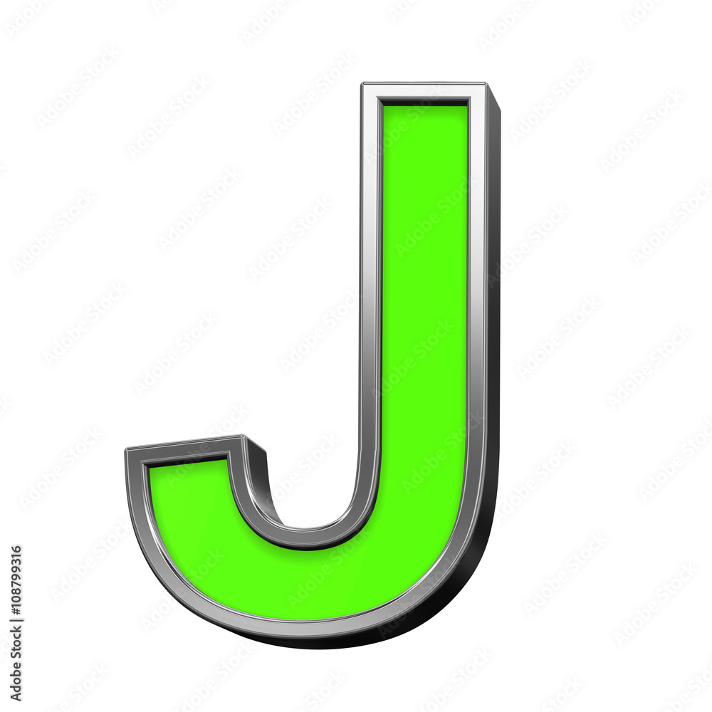 One letter from green with silver frame alphabet set, isolated on white. 3D illustration. One letter from green with silver frame alphabet set, isolated on white. 3D illustration.