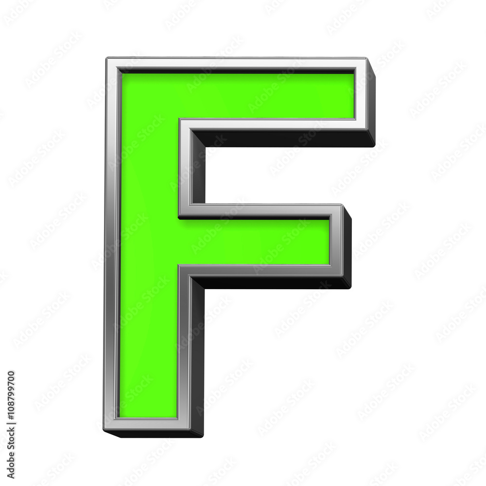 One letter from green with silver frame alphabet set, isolated on white. 3D illustration. One letter from green with silver frame alphabet set, isolated on white. 3D illustration.