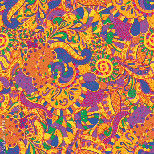 Tracery seamless calming pattern. Mehendi design. Ethnic colorful harmonious doodle texture. Indifferent discreet. Curved doodling mehndi motif. Vector.