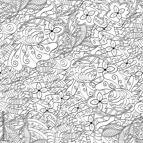 Tracery seamless calming pattern. Mehndi design. Neat even monochrome binary harmonious texture. Algae sea motif. Ethnically indifferent. Ambiguous usable bracing, curved doodling mehendi. Vector.